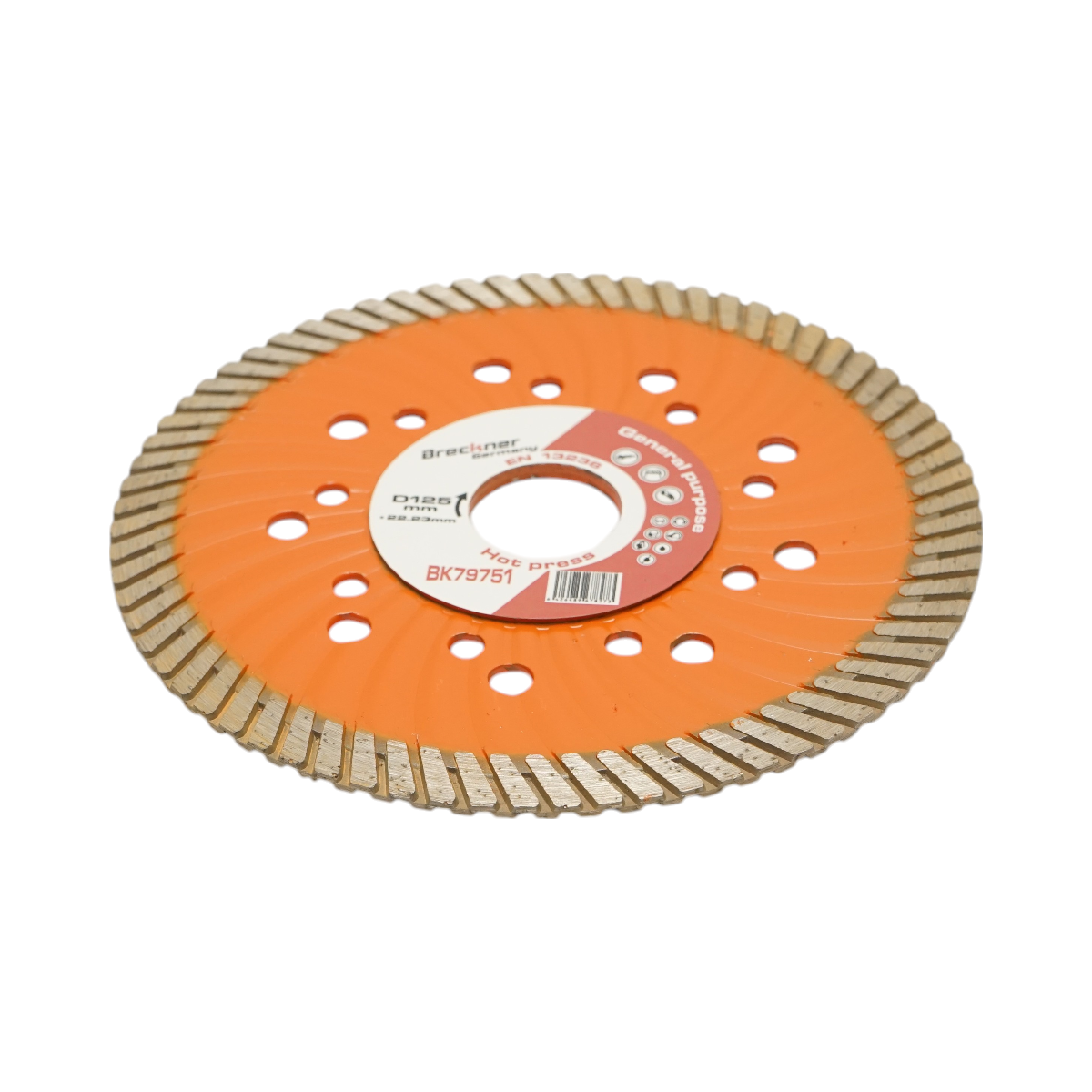 Disc diamantat turbo continuu Breckner Germany 125x22.23 mm, segment 10 mm, profil spirala, corp perforat si ondulat, presare la cald, pentru tigla, pavele, mozaic, piatra dura, marmura, granit