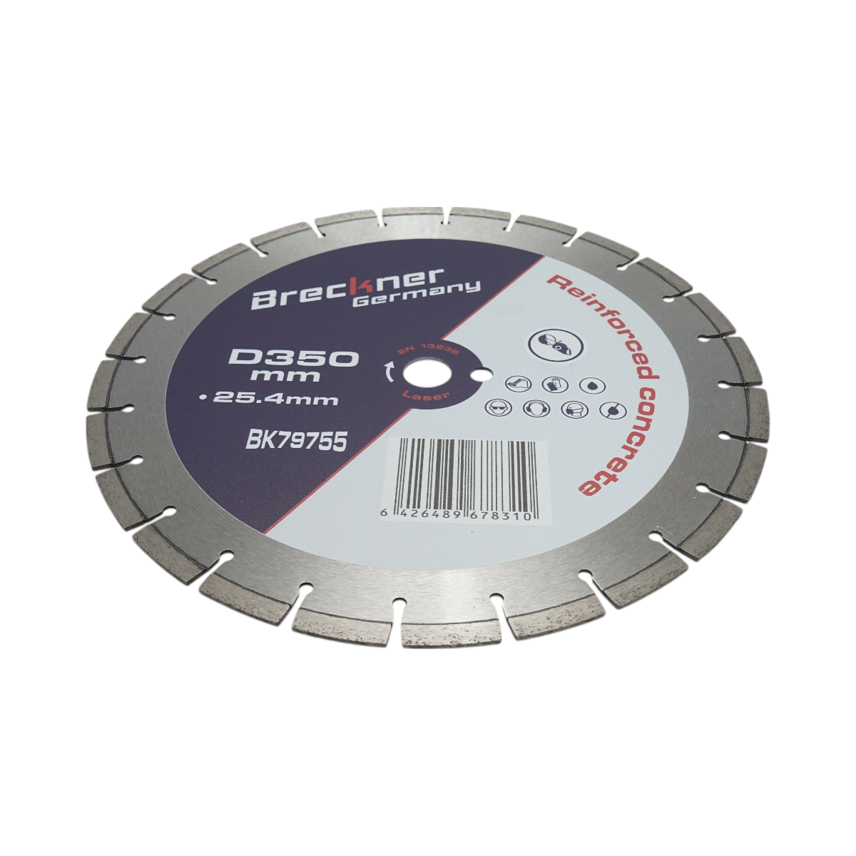 Disc diamantat segmentat Breckner Germany 350x25.4 mm, segment 10 mm, tehnologie Laser, pentru beton armat, pavele, boltari, piatra dura