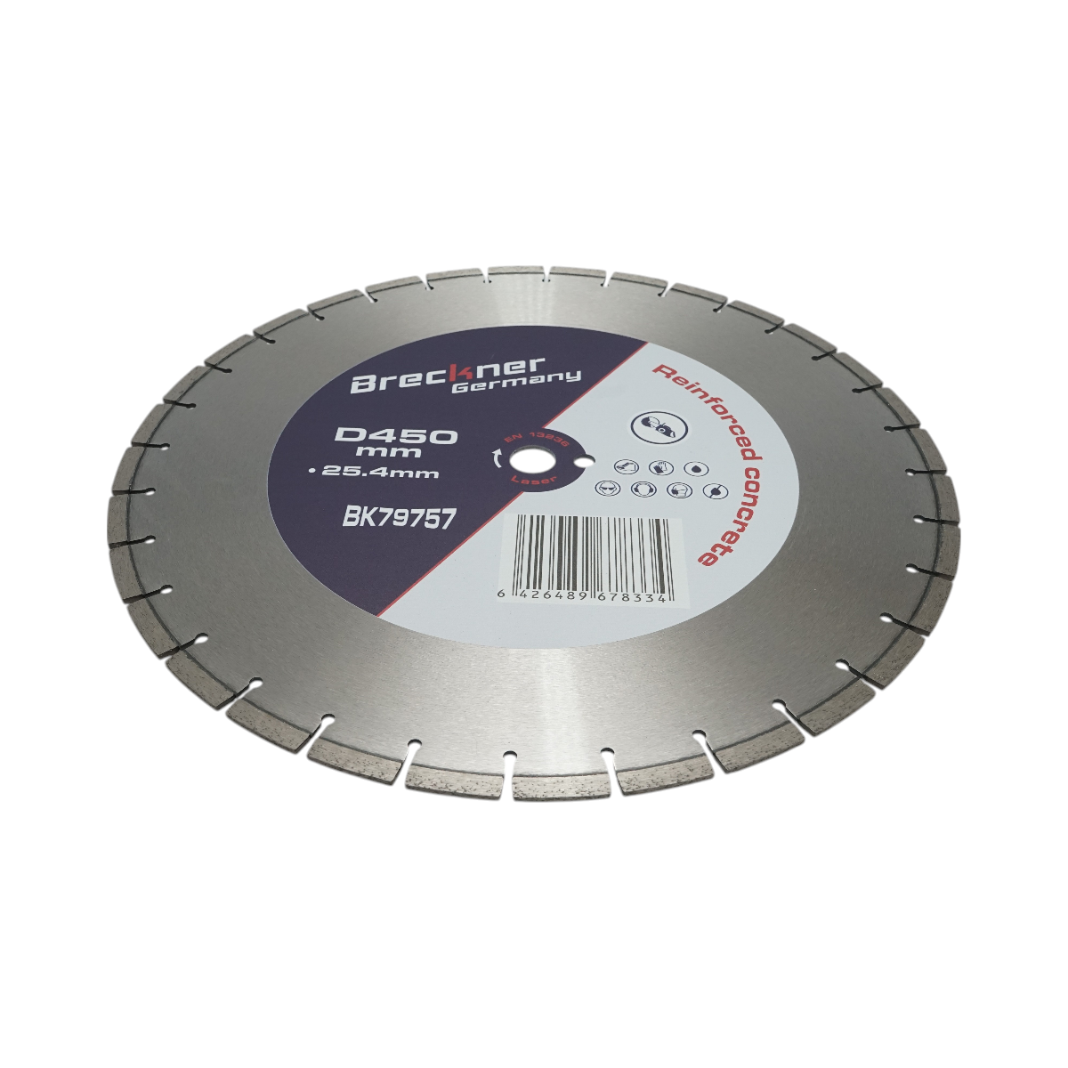 Disc diamantat segmentat Breckner Germany 450x25.4mm, segment 10mm, tehnologie Laser, pentru beton armat, pavele, boltari, piatra dura