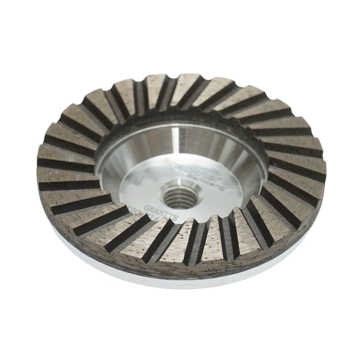 Disc diamantat turbo segmentat tip cupa Breckner Germany, aluminiu, 100 mm, filet M14, grosier, aplicatie uscata, pentru slefuire granit