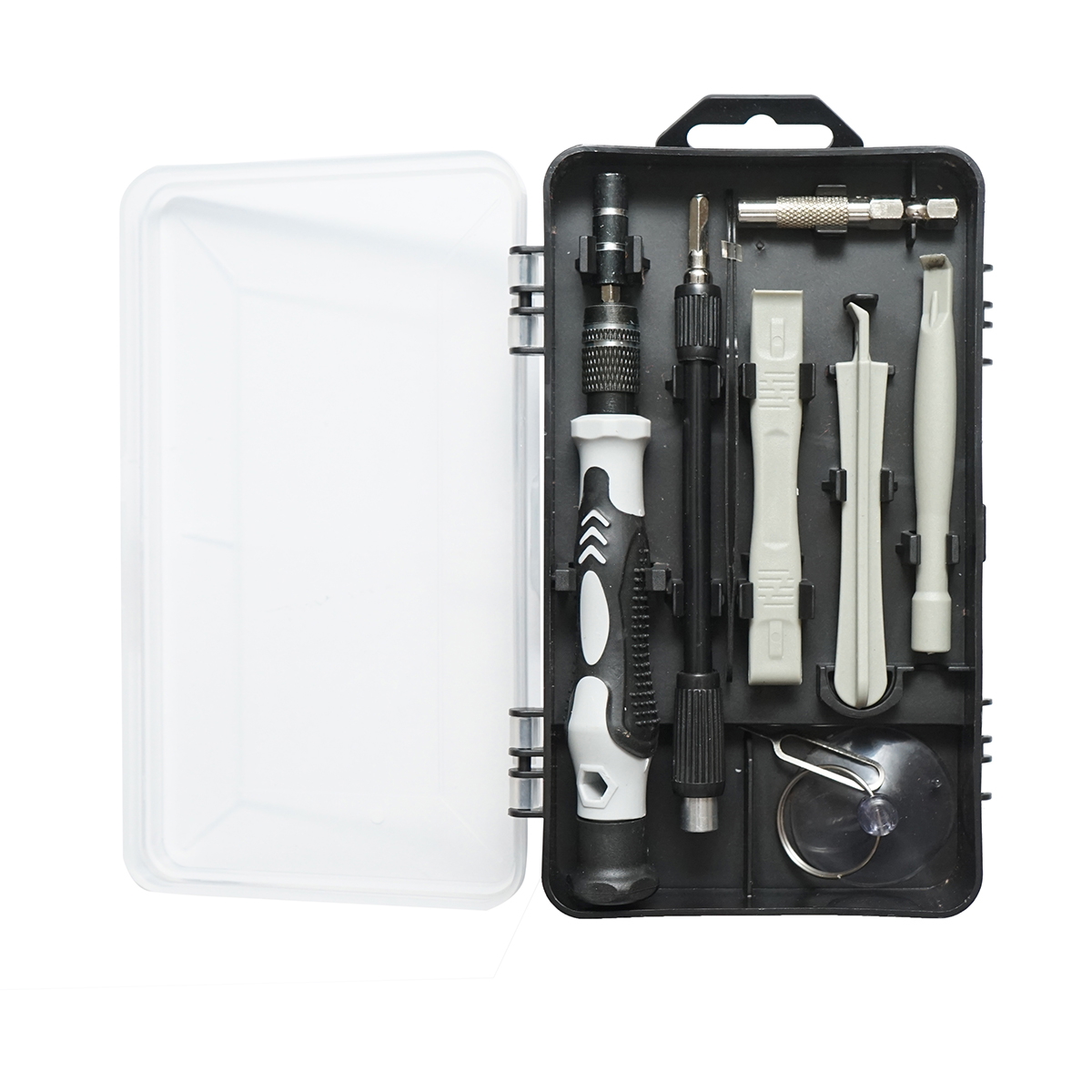 Trusa surubelnite de precizie pentru electronice 115 piese, biti Torx, Philips, Pozidriv, Hex, Tri-Wing, Pentalobe + maner, ax flexibil, extensie, penseta, magnetizator/demagnetizator, adaptor 1/4 la 4mm