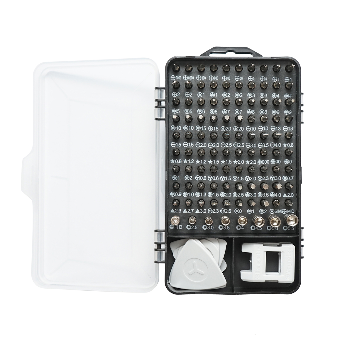 Trusa surubelnite de precizie pentru electronice 115 piese, biti Torx, Philips, Pozidriv, Hex, Tri-Wing, Pentalobe + maner, ax flexibil, extensie, penseta, magnetizator/demagnetizator, adaptor 1/4 la 4mm