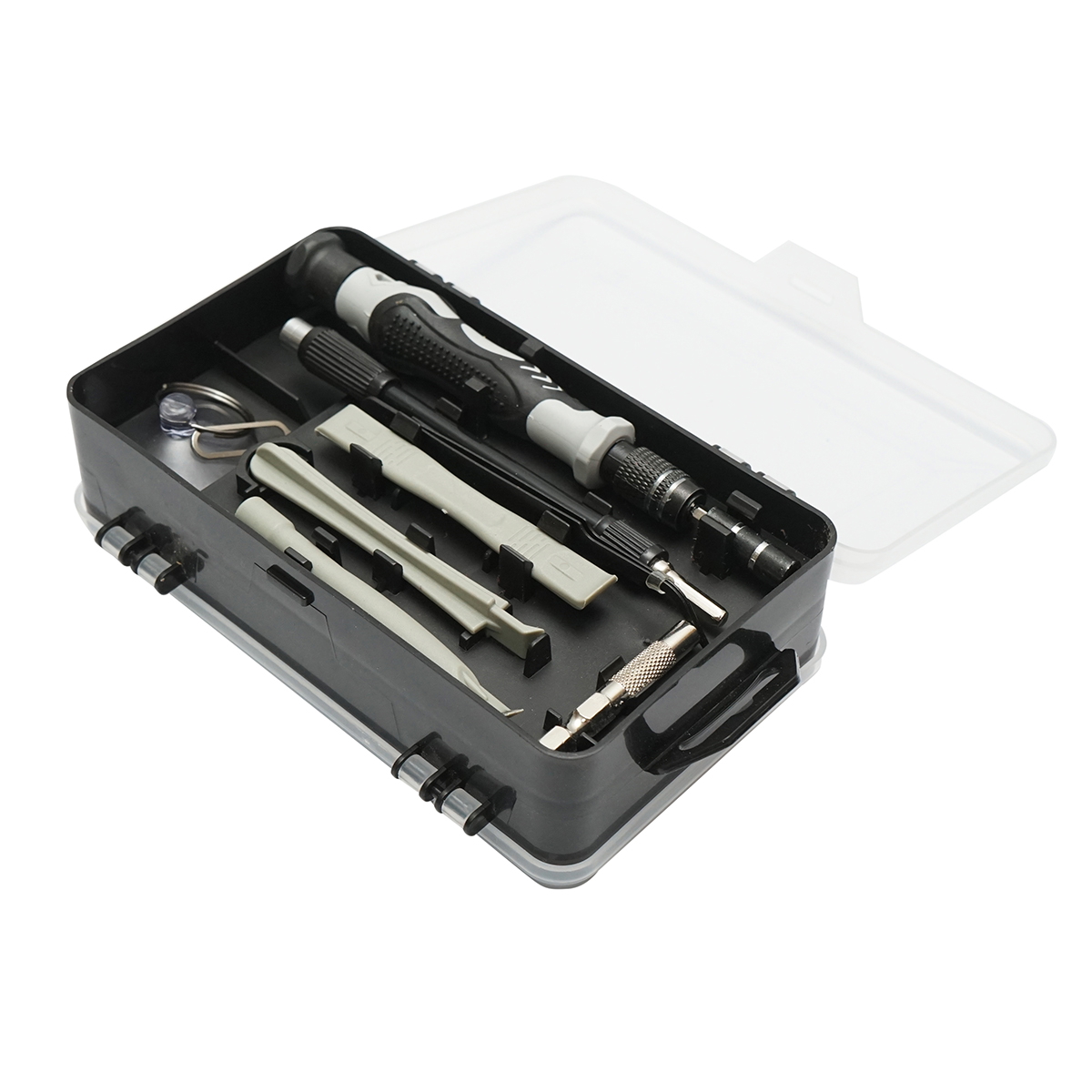 Trusa surubelnite de precizie pentru electronice 115 piese, biti Torx, Philips, Pozidriv, Hex, Tri-Wing, Pentalobe + maner, ax flexibil, extensie, penseta, magnetizator/demagnetizator, adaptor 1/4 la 4mm