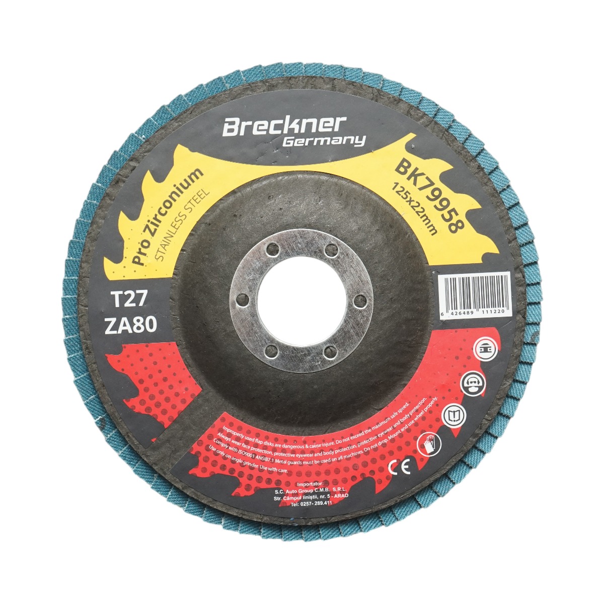 Disc lamelar abraziv cu zirconiu T27 ZA80, 125x22mm pentru slefuire/polizare metal si inox Breckner Germany