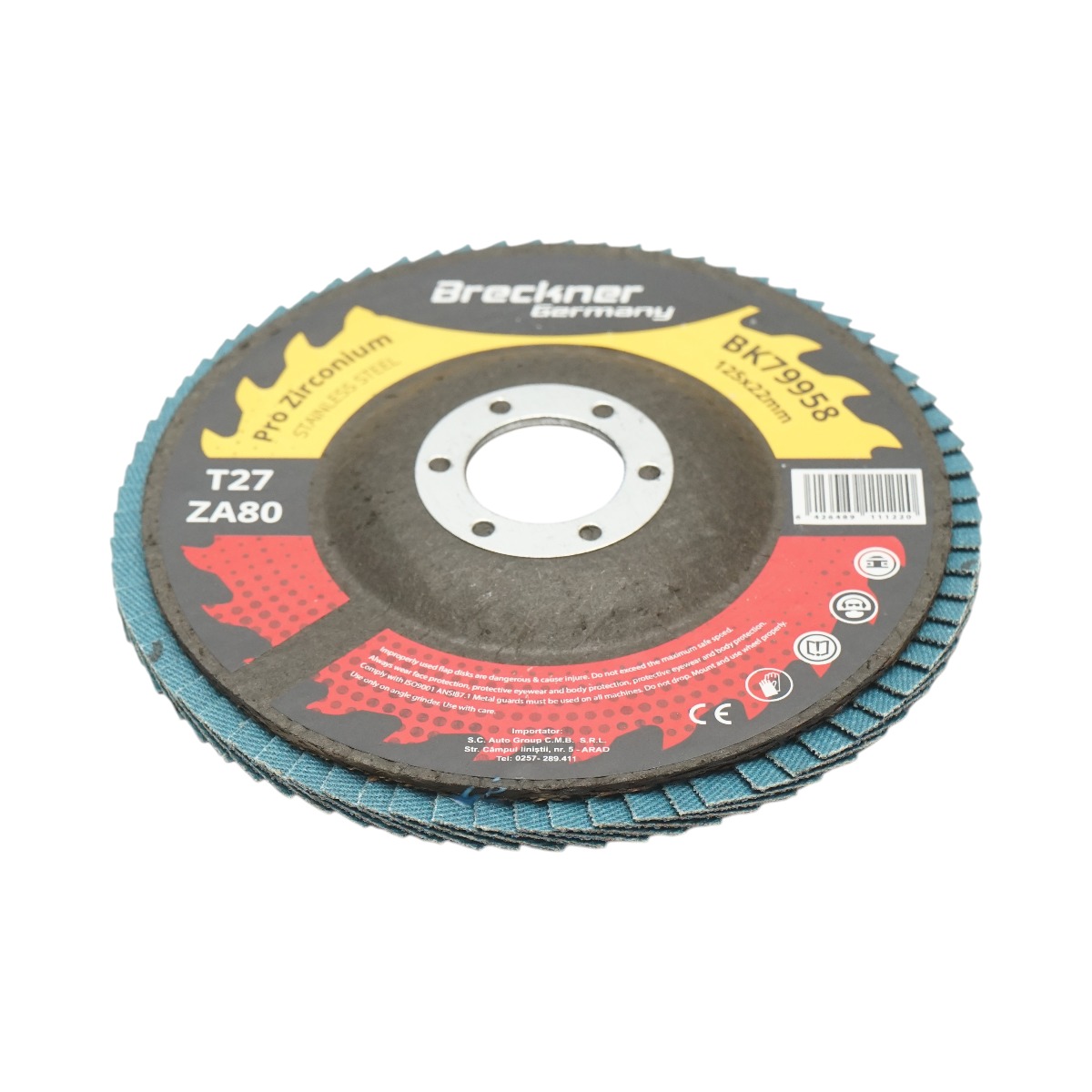Disc lamelar abraziv cu zirconiu Breckner Germany, T27, ZA80, 125x22 mm, pentru slefuire si polizare metal si inox