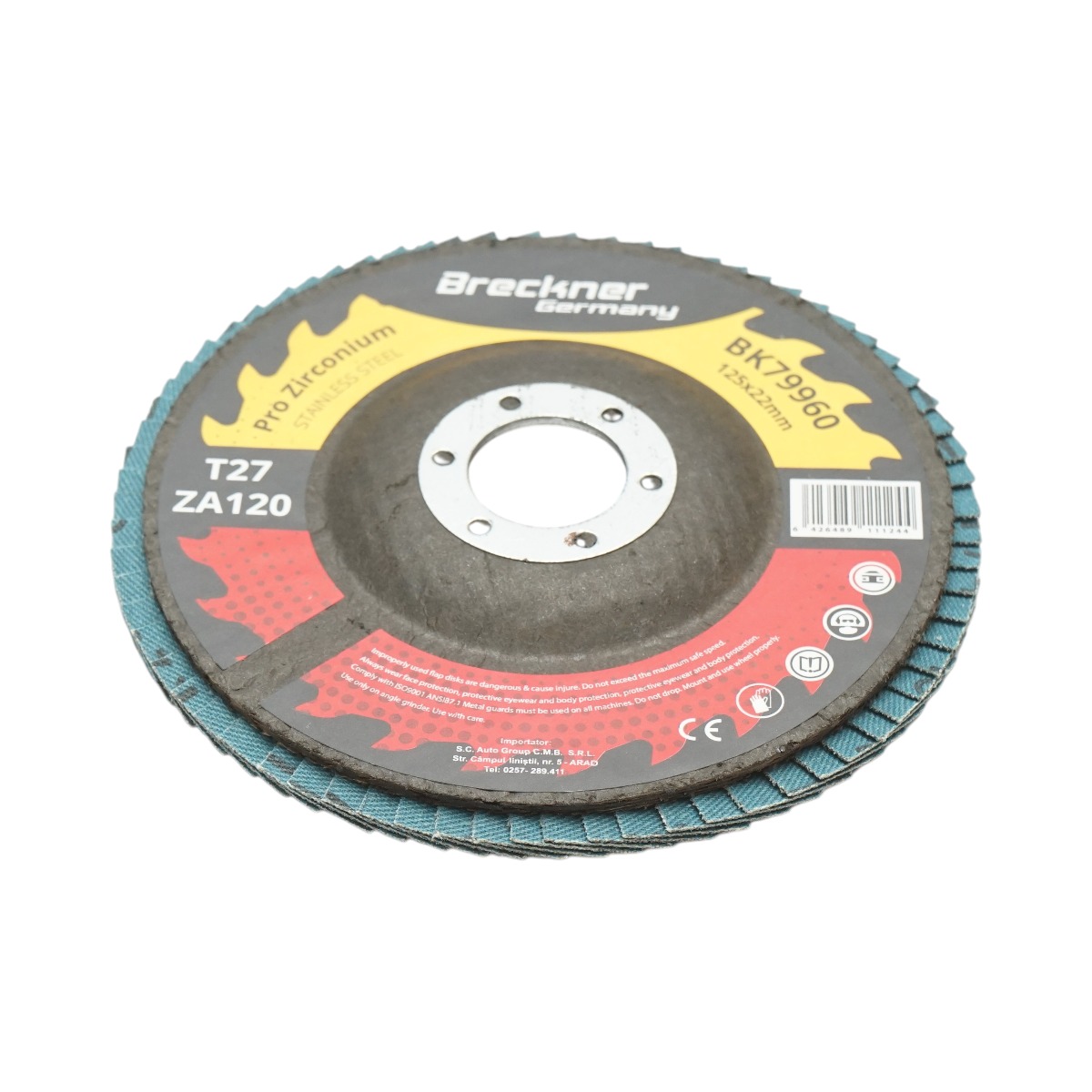 Disc lamelar abraziv cu zirconiu Breckner Germany, ZA120, T27, 125x22 mm, pentru slefuire si polizare metal si inox