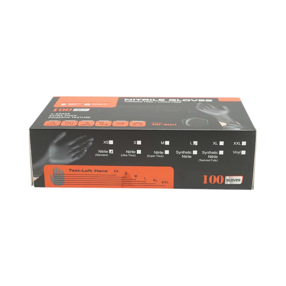 Manusi nitril negre nepudrate, marimea L, textura aderenta pe degete, latime palma 105 mm, lungime ? 240 mm, manseta cu bordura rulata, 100 buc/cutie