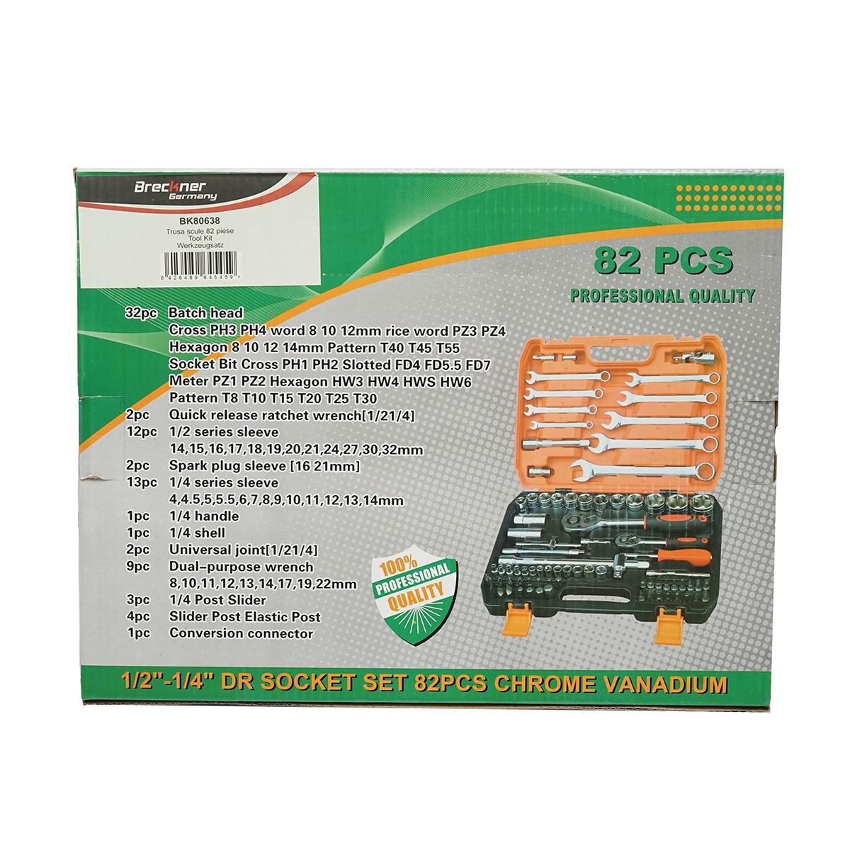 Trusa chei tubulare, fixe, torx, imbus cu antrenor cu clichet 82 piese Breckner Germany