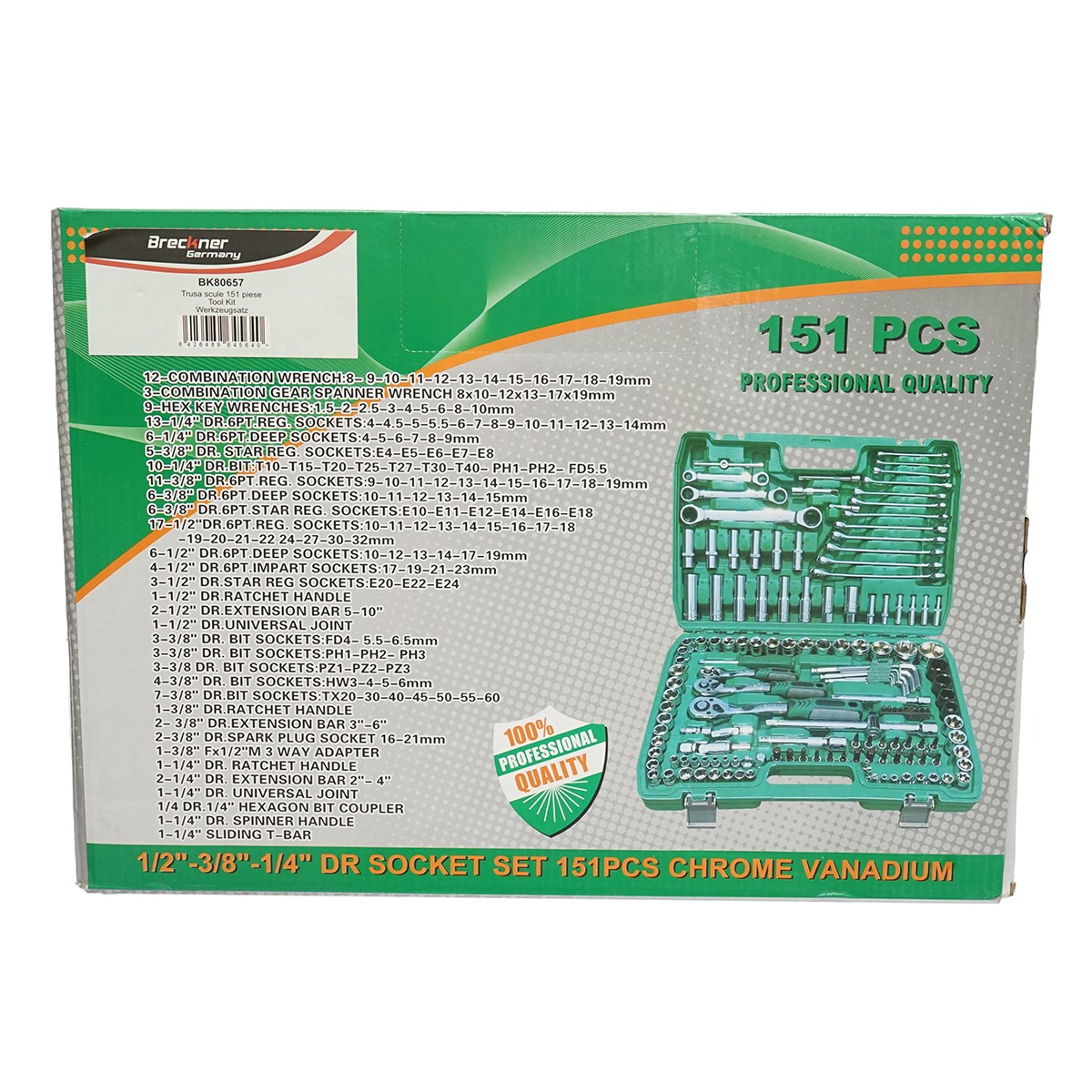 Trusa chei tubulare hexagonale si tubulare lungi, chei inelare cu clichet, biti si imbus, 151 piese Breckner Germany