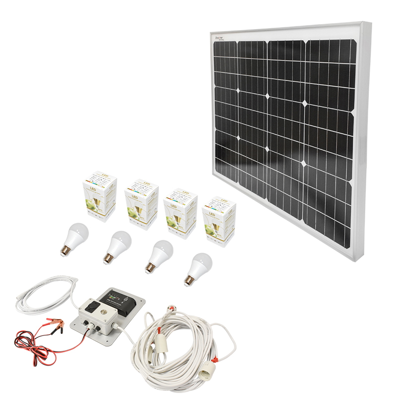 Set panou solar fotovoltaic monocristalin 50W 12-24V 670x540x30mm, priza bricheta, 4 becuri LED E27 9W 12V BK87432, regulator incarcare BK87430 12/24V 10Ah, Breckner Germany