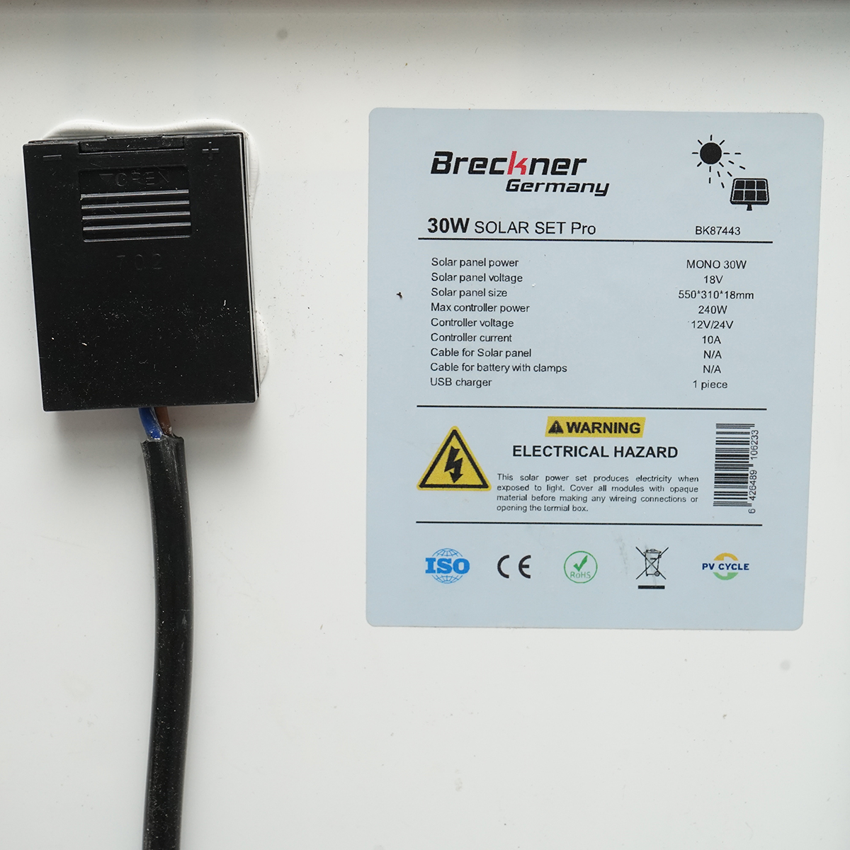 Panou solar 30W fotovoltaic monocristalin 550x330x18mm cu regulator 12-24V/10Ah, 2x USB si cablu 2m pentru baterie Breckner Germany