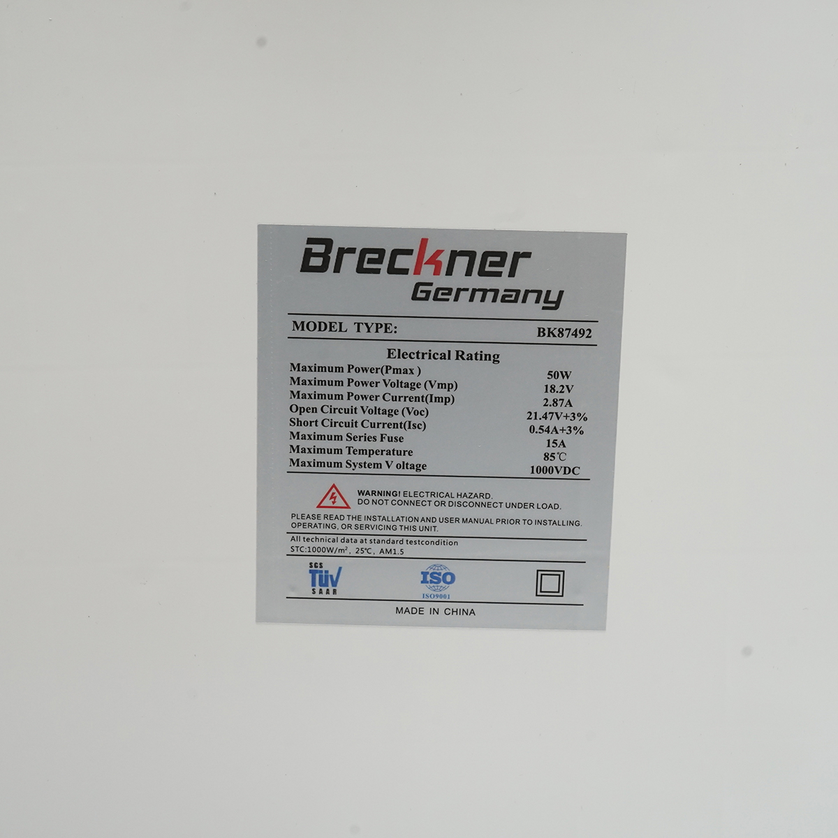 Panou solar 50W fotovoltaic policristalin cu cablu 90cm si tensiune maxima de 18V 670x530x20mm Breckner Germany