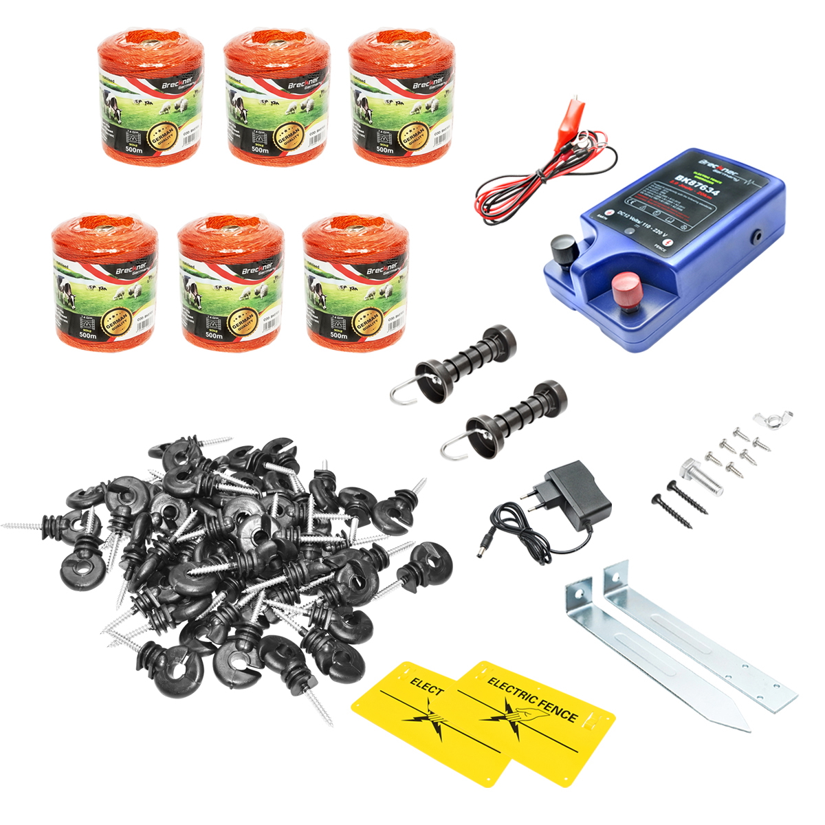 Kit complet gard electric Breckner Germany 12/220V, 2 Joule: generator impulsuri 220V 20 km, fir 1500 m (6x250 m), 100 izolatori, 2 manere poarta, 2 placute avertizare