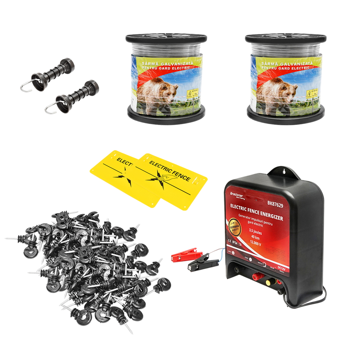 Kit complet gard electric 12V Breckner Germany: generator impulsuri AC 14 Joule 160 km, sarma galvanizata 1.2mm x 1000m, 200 izolatori inelari PP 88x38mm, 2 manere poarta, 2 placute avertizare