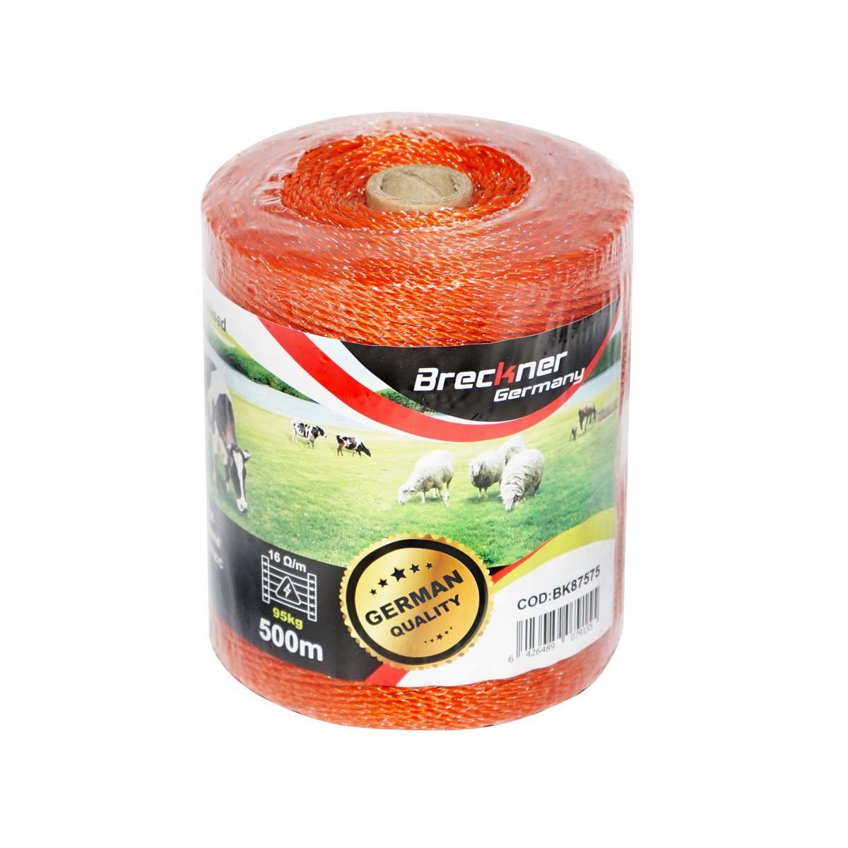 Rola fir portocaliu 2 mm pentru gard electric, insertii metalice 3x0.15 mm SS, rezistenta 16 Ohm/m, rezistenta la rupere 95 kg, lungime 500 m, Breckner Germany