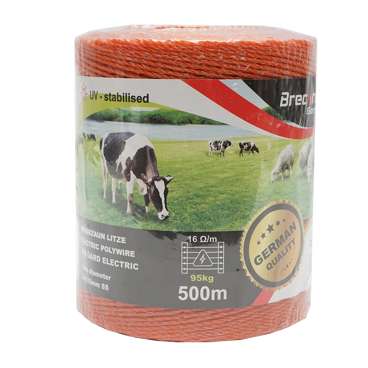 Rola fir portocaliu 2 mm pentru gard electric, insertii metalice 3x0.15 mm SS, rezistenta 16 Ohm/m, rezistenta la rupere 95 kg, lungime 500 m, Breckner Germany