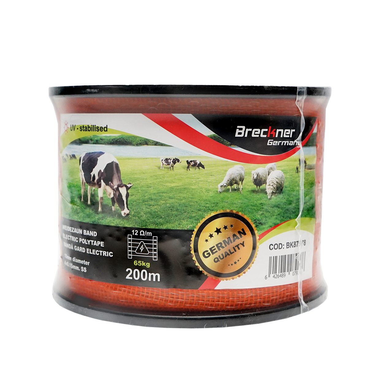 Rola banda gard electric Breckner Germany 10 mm, insertie metalica 4x0.15 mm SS, rezistenta 12 Ohm/m, rezistenta la rupere 65 kg, 200 m, culoare rosu-alb