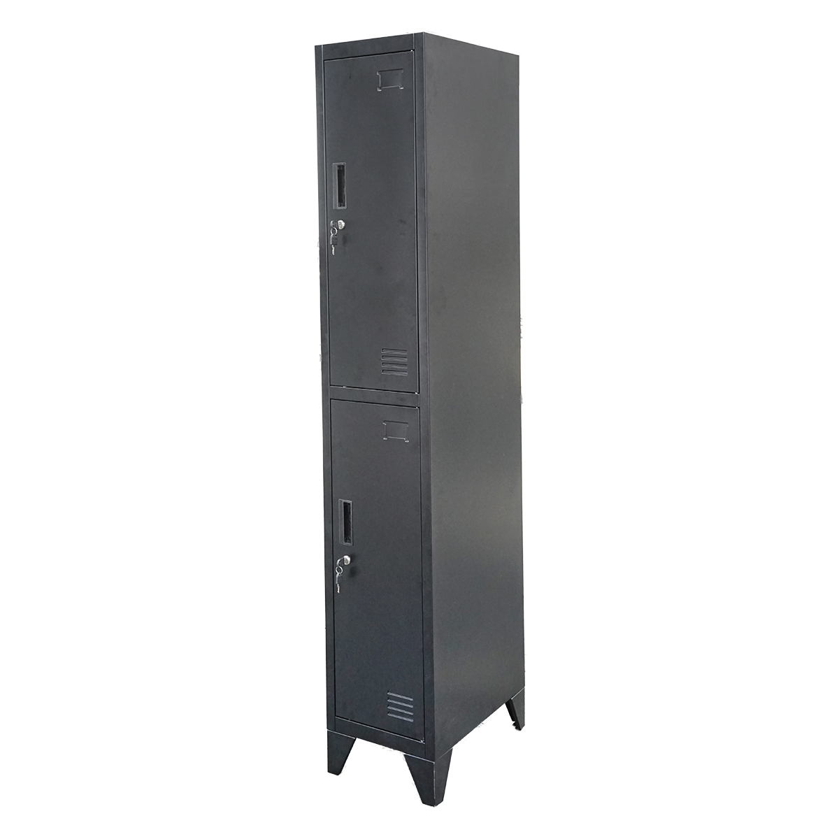 Dulap metalic fiset dublu tip vestiar negru Breckner Germany, 2 usi securizate cu cheie, 1850x380x450 mm, fante aerisire, suport eticheta, livrare demontat