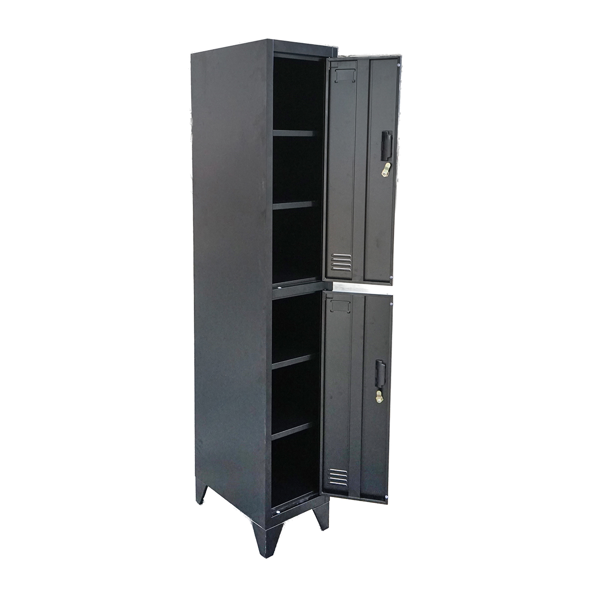 Dulap metalic fiset dublu tip vestiar negru Breckner Germany, 2 usi securizate cu cheie, 1850x380x450 mm, fante aerisire, suport eticheta, livrare demontat