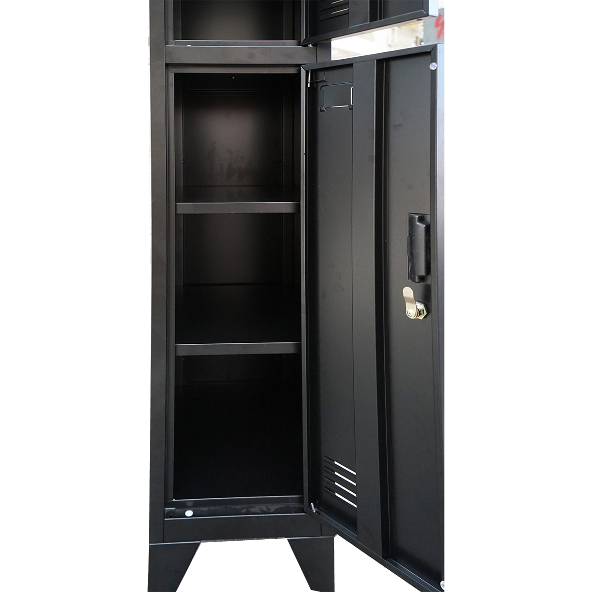 Dulap metalic fiset dublu tip vestiar negru Breckner Germany, 2 usi securizate cu cheie, 1850x380x450 mm, fante aerisire, suport eticheta, livrare demontat