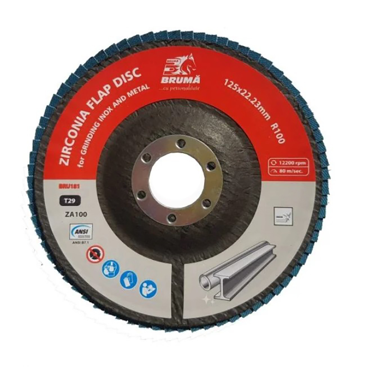 Disc lamelar abraziv cu zirconiu T29 R100, 125x22.23mm pentru slefuire/polizare metal si inox