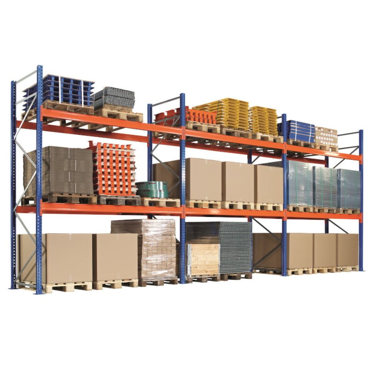 Raft metalic industrial depozitare paleti, 3 niveluri, 29.7m lungime x 1m adancime x 3.2m inaltime, 11 segmente (2.7m/segment), capacitate 99 paleti, 1800 Kg/nivel