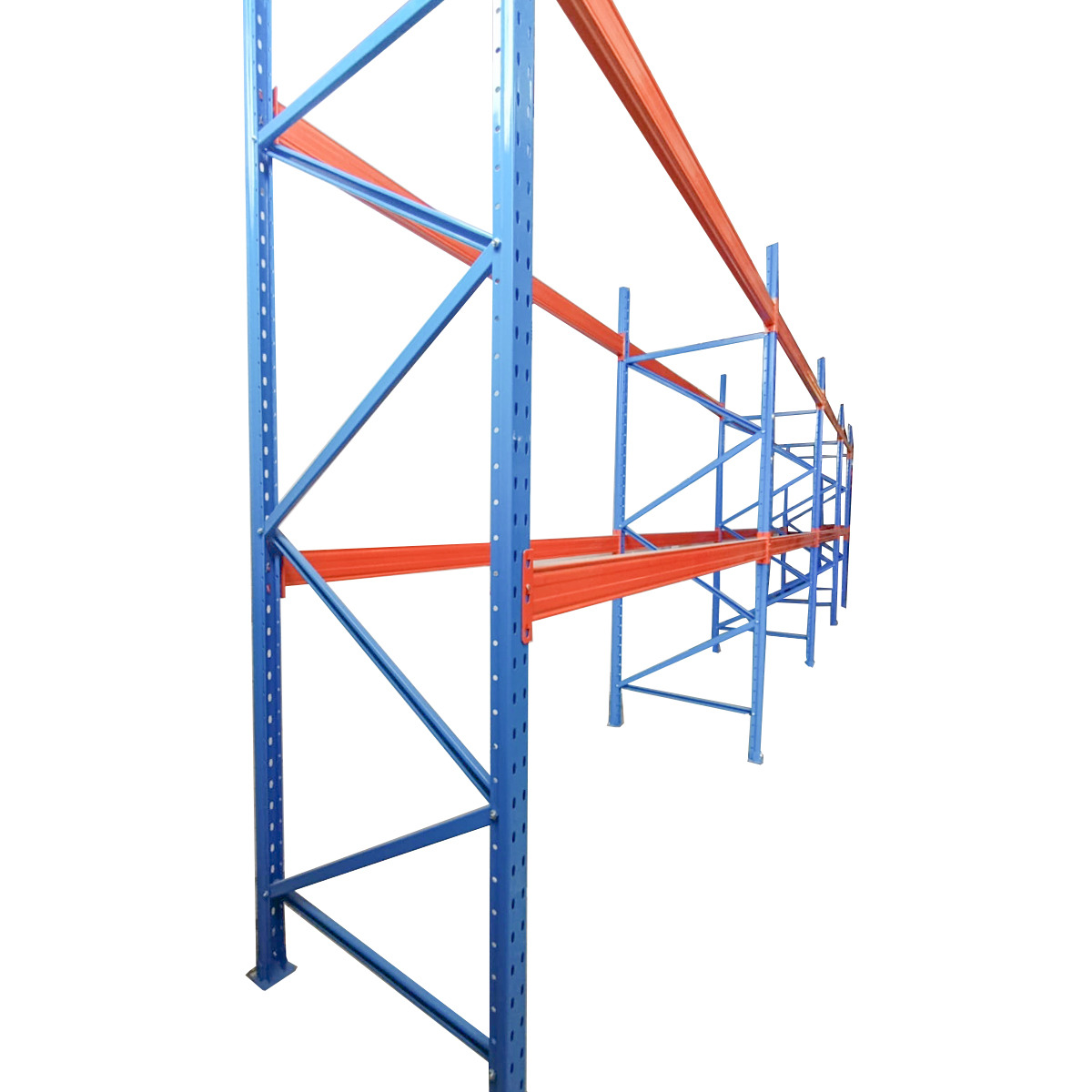 Raft metalic industrial depozitare paleti, 3 niveluri, 29.7m lungime x 1m adancime x 3.2m inaltime, 11 segmente (2.7m/segment), capacitate 99 paleti, 1800 Kg/nivel