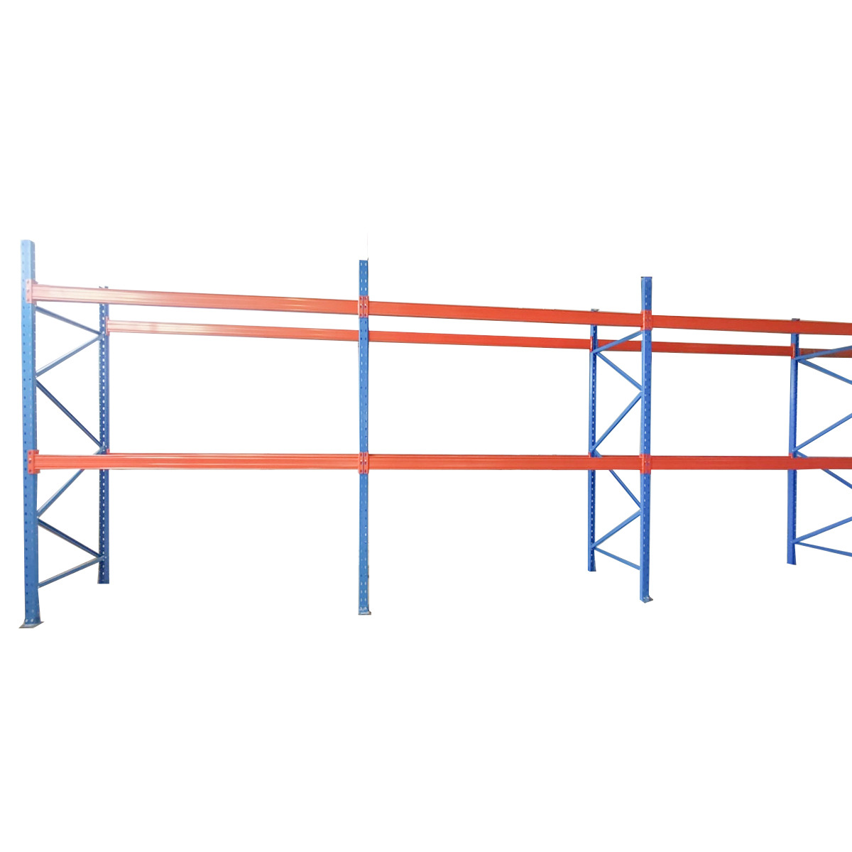 Raft metalic industrial depozitare paleti, 3 niveluri, 29.7m lungime x 1m adancime x 3.2m inaltime, 11 segmente (2.7m/segment), capacitate 99 paleti, 1800 Kg/nivel