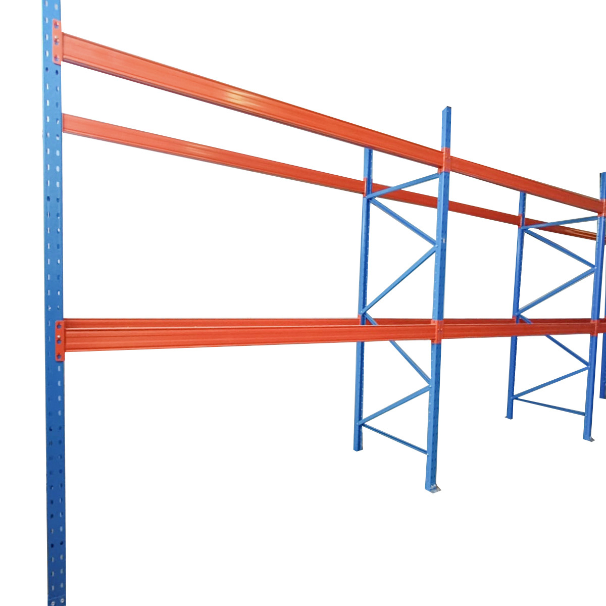 Raft metalic industrial depozitare paleti, 3 niveluri, 29.7m lungime x 1m adancime x 3.2m inaltime, 11 segmente (2.7m/segment), capacitate 99 paleti, 1800 Kg/nivel