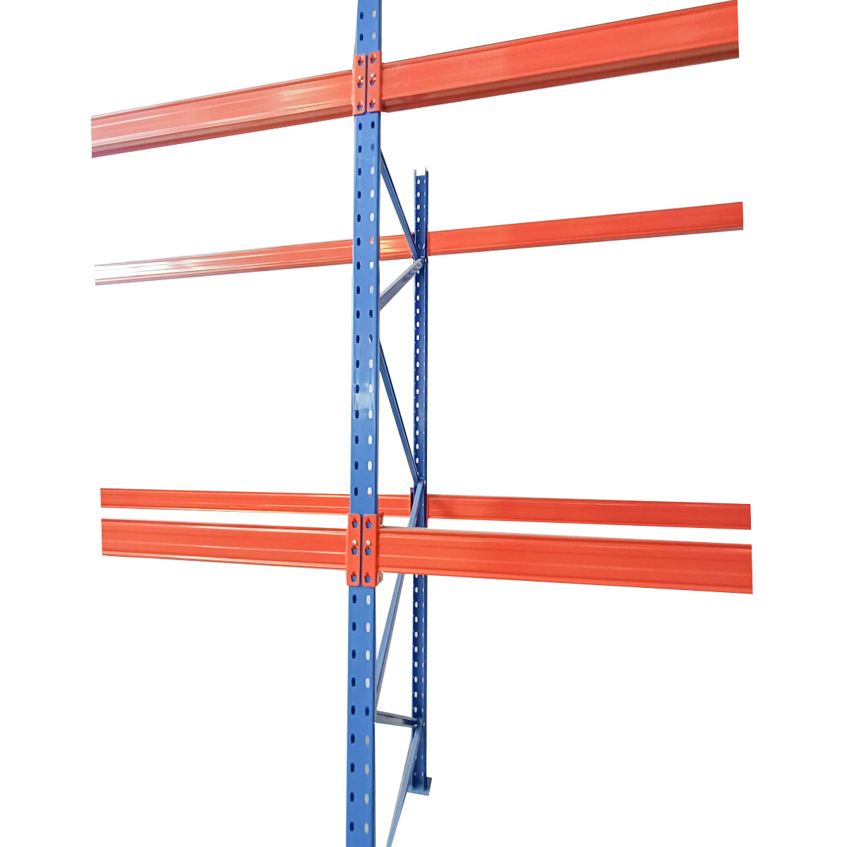 Raft metalic industrial depozitare paleti, 3 niveluri, 29.7m lungime x 1m adancime x 3.2m inaltime, 11 segmente (2.7m/segment), capacitate 99 paleti, 1800 Kg/nivel