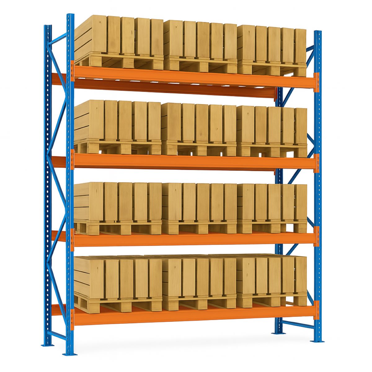 Raft metalic industrial depozitare paleti 4 niveluri, 29.7m x 1m x 3.2m, 11 segmente (2.7m/segment), capacitate 132 paleti, 1800 kg/nivel (3x600 kg), 12 picioare laterale, 66 bare sustinere