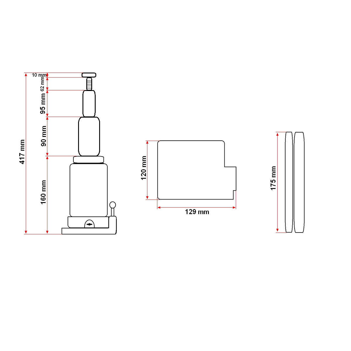 Cric hidraulic cu piston dublu 6 T, inaltime 170-417 mm, diametru 89 mm, talpa 129/120 mm, cap sustinere 30 mm, greutate 5.4 kg