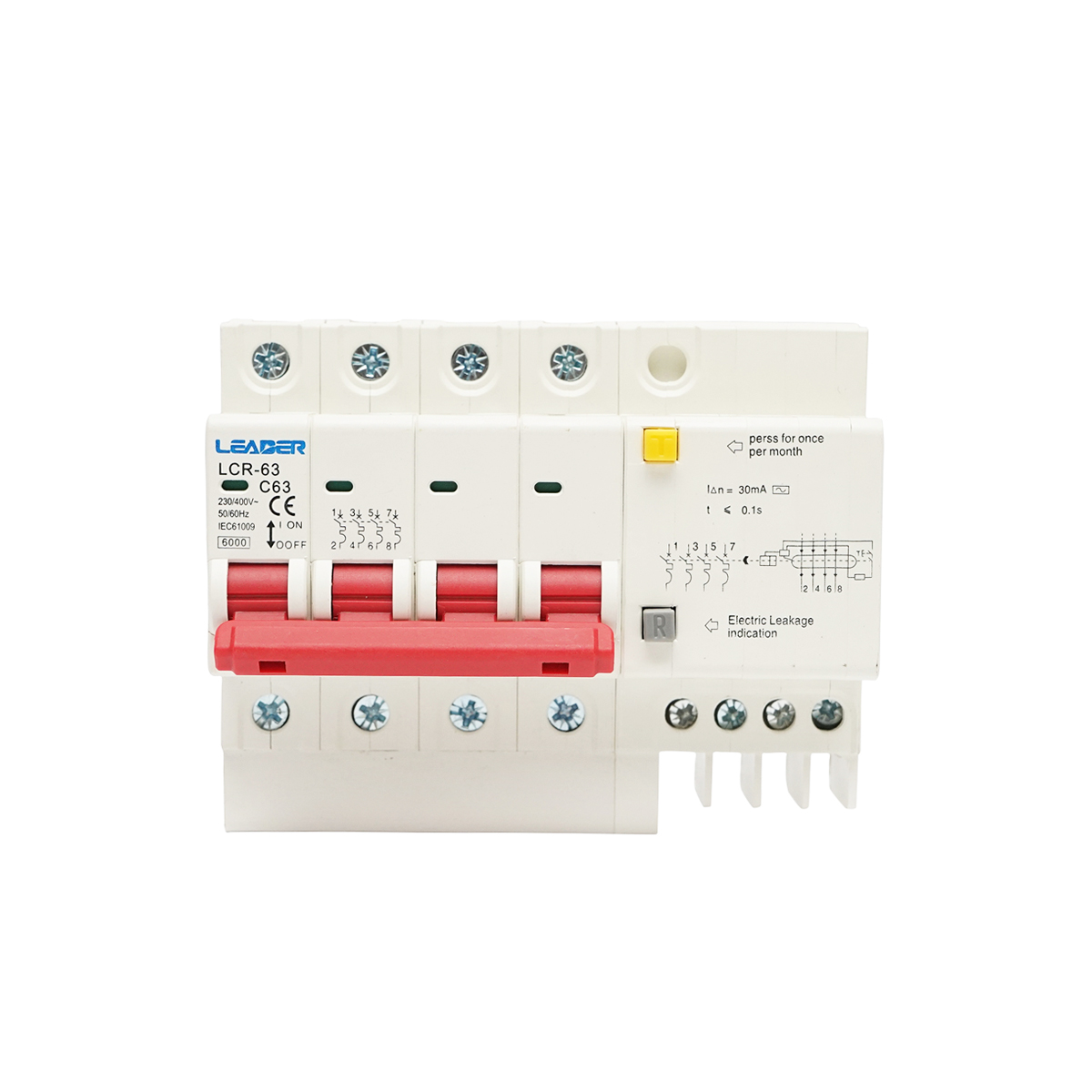 Siguranta diferentiala 4P, 63A, 30mA Leader