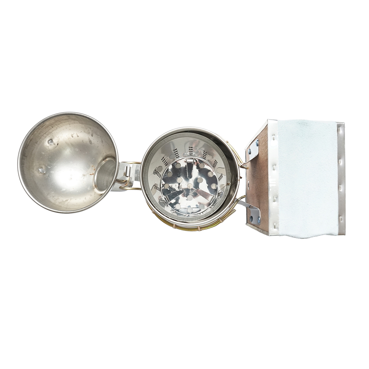 Afumator albine din otel inox, cilindru, scut termic si burduf din piele, 160 mm