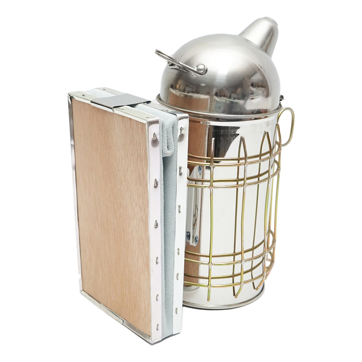 Afumator albine din otel inox, cilindru, scut termic si burduf din piele, 160 mm