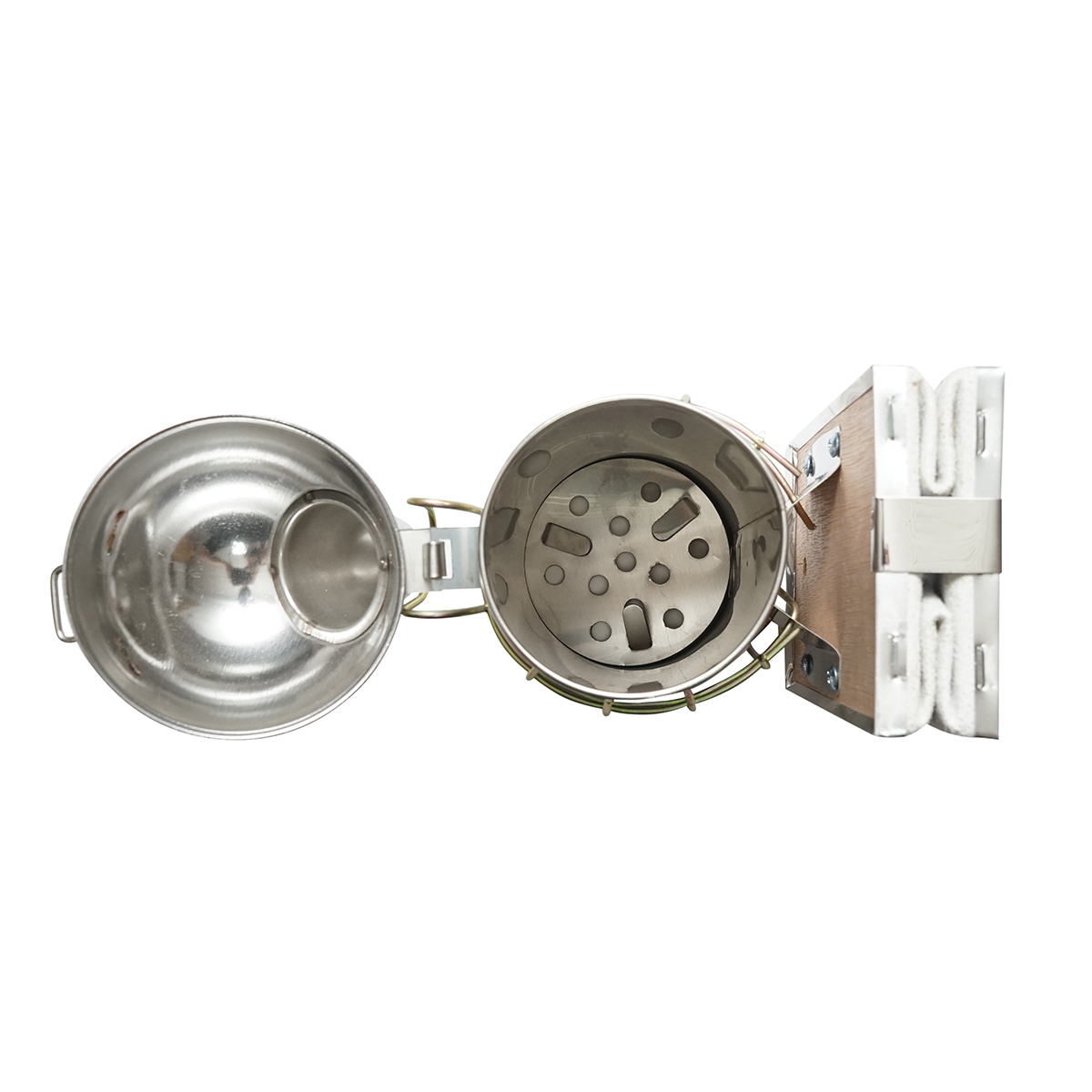 Afumator albine din otel inox, cu cilindru, Scut termic si burduf din piele, 210 mm