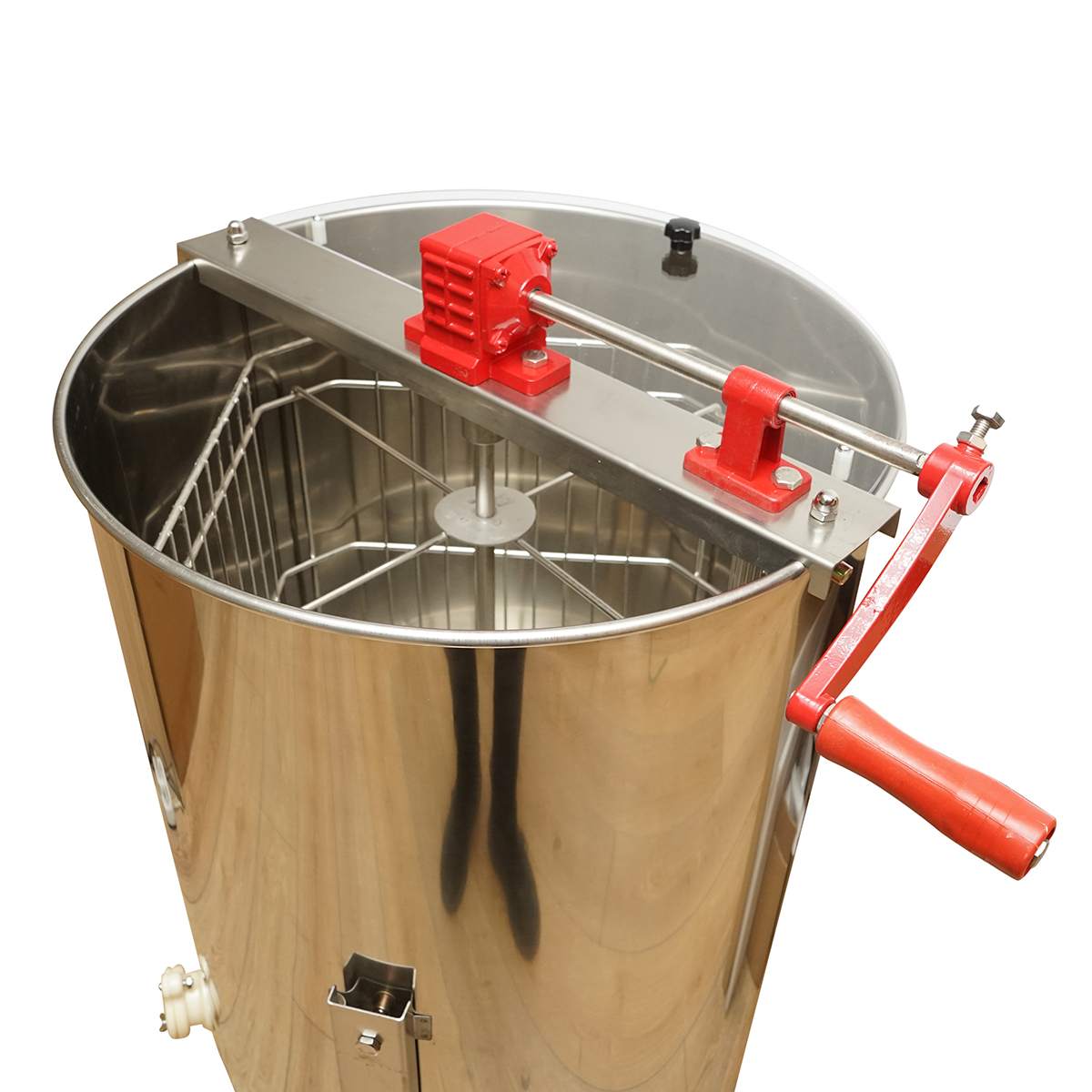 Centrifuga manuala apicola extractor miere din Inox 4 rame, inaltime 600 mm, diametru 470 mm, cos 440 x 260 mm, pentru rame 3/4 si 1/2, capacitate 300 ori/h, greutate 14.4 kg