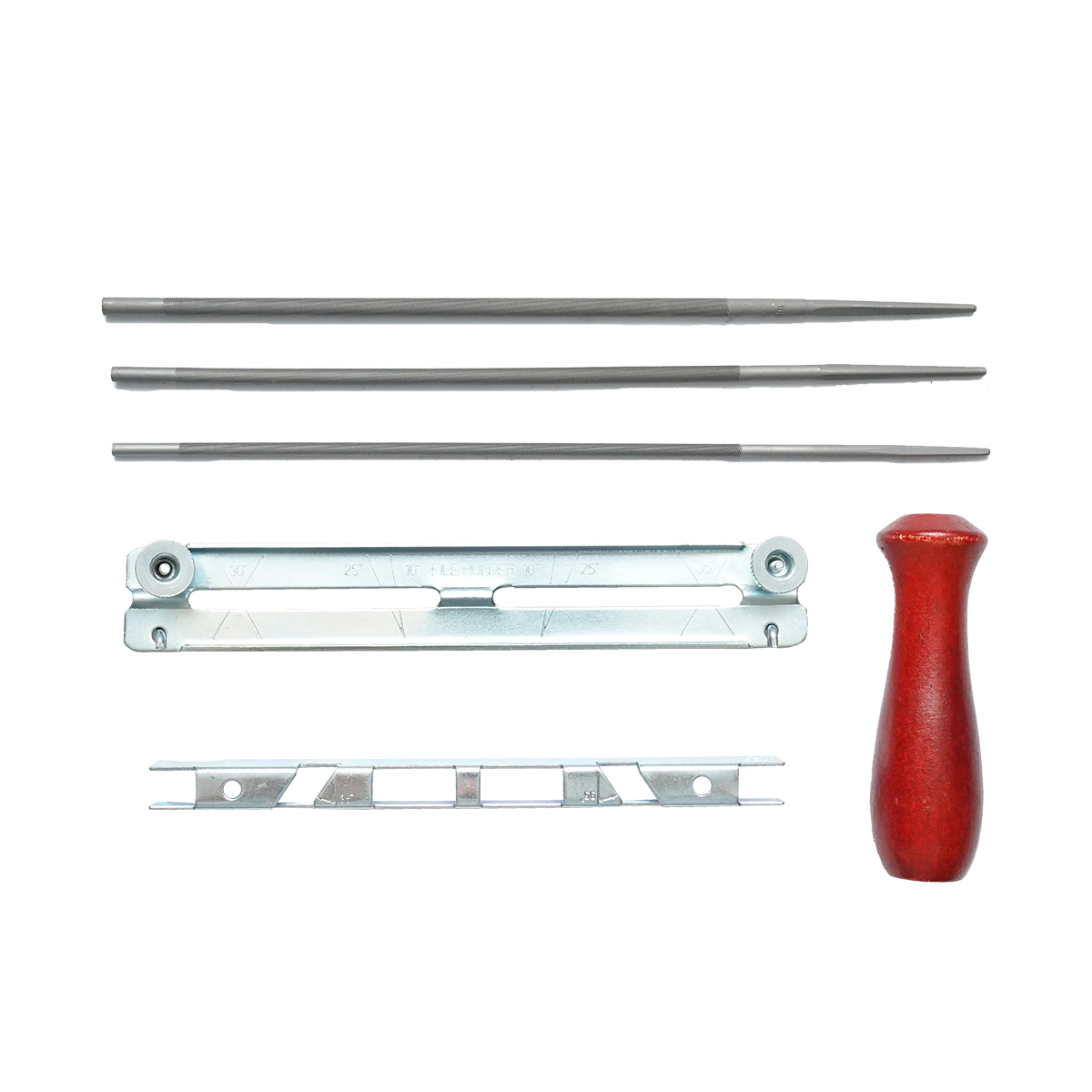 Set 6 instrumente ascutit lant drujba pas 3/8: maner pila lemn, sablon pila lata si rotunda, pila lata, pile rotunde 4mm 4.8mm 5.5mm