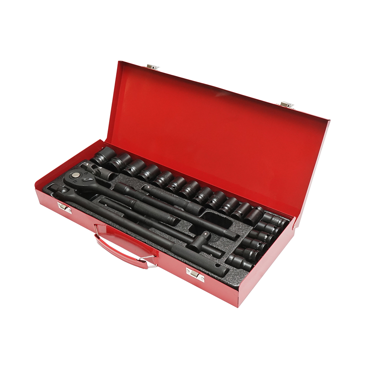 Trusa chei tubulare 1/2 cu clichet Breckner Germany, 24 piese: 18 tubulare 8-32mm, 2 extensii, articulatie universala, cheie tip L, bara T culisanta