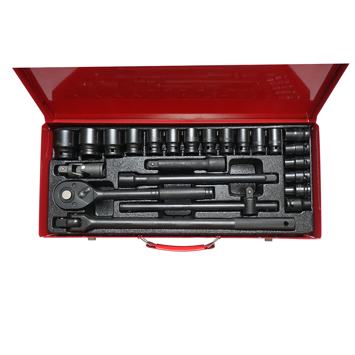 Trusa chei tubulare 1/2 cu clichet Breckner Germany, 24 piese: 18 tubulare 8-32mm, 2 extensii, articulatie universala, cheie tip L, bara T culisanta