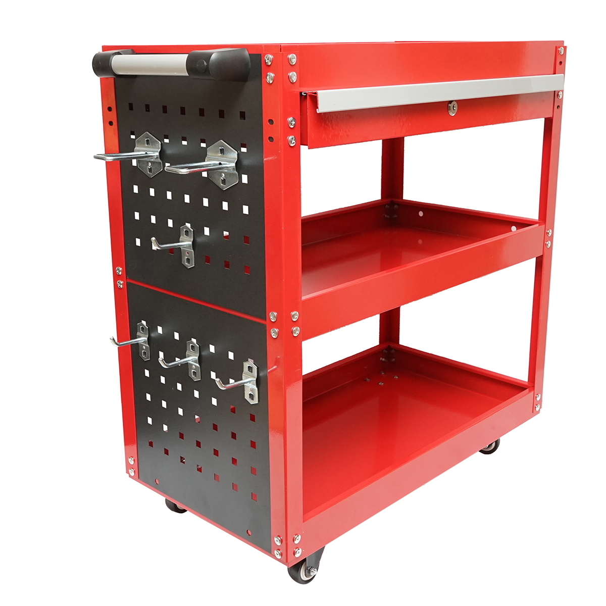 Carucior metalic pe roti pentru scule cu 3 rafturi, suporti si sertar, 660x360x730 mm (inaltime fara roti 670 mm)