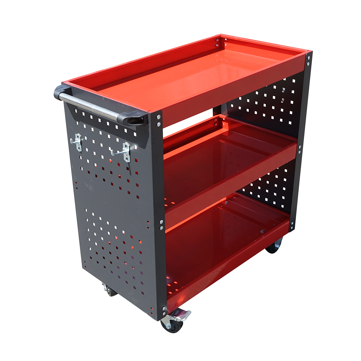 Carucior metalic pe roti cu 3 rafturi si suporti pentru scule, 670x370x730 mm (inaltime fara roti 670 mm)