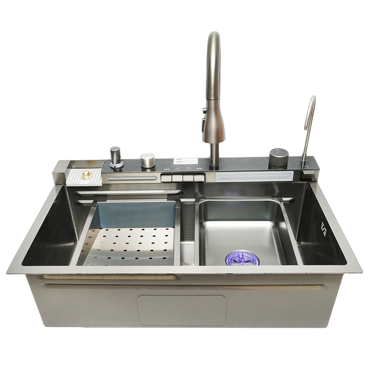 Chiuveta bucatarie multifunctionala din otel inoxidabil cu 2 cascade, afisaj digital temperatura, functie cascada, dozator sapun, spalator pahare, scurgator, tava, tocator si accesorii scurgere incluse, dimensiune 75x46x23.5cm