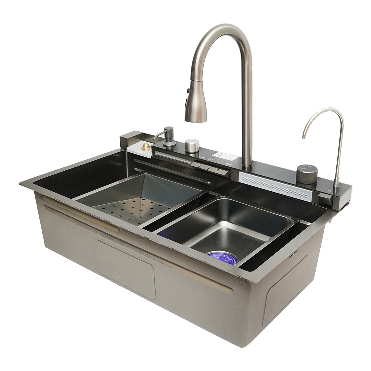 Chiuveta bucatarie multifunctionala otel inoxidabil 75x46x23.5 cm, 2 cascade, afisaj digital temperatura, baterie cu contragreutate, baterie apa potabila, dozator sapun, spalator pahare, scurgatoare vase/legume, sifon, dop scurgere, tocator