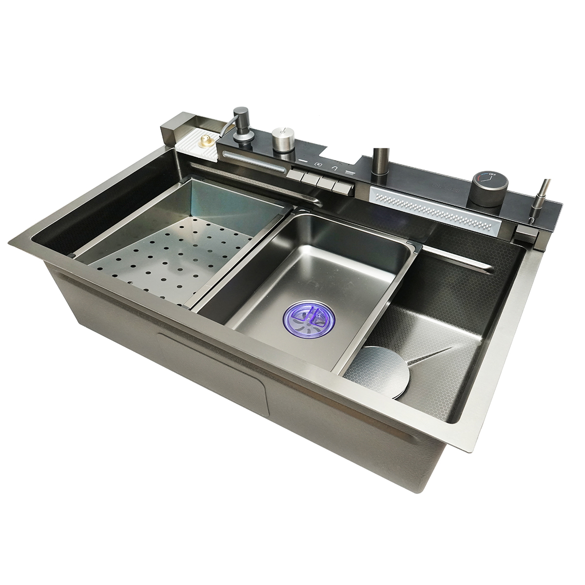 Chiuveta bucatarie multifunctionala otel inoxidabil 75x46x23.5 cm, 2 cascade, afisaj digital temperatura, baterie cu contragreutate, baterie apa potabila, dozator sapun, spalator pahare, scurgatoare vase/legume, sifon, dop scurgere, tocator