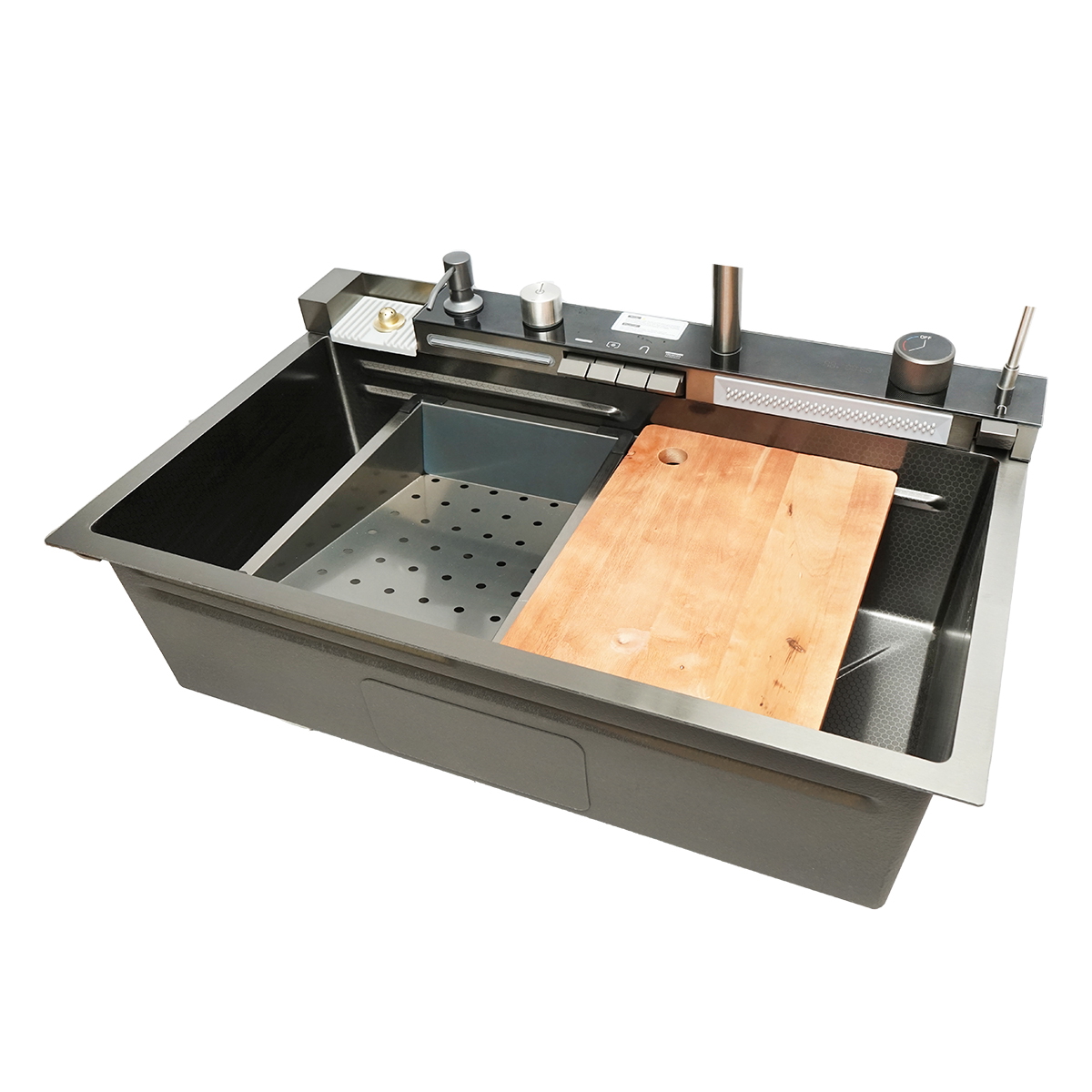 Chiuveta bucatarie multifunctionala otel inoxidabil 75x46x23.5 cm, 2 cascade, afisaj digital temperatura, baterie cu contragreutate, baterie apa potabila, dozator sapun, spalator pahare, scurgatoare vase/legume, sifon, dop scurgere, tocator