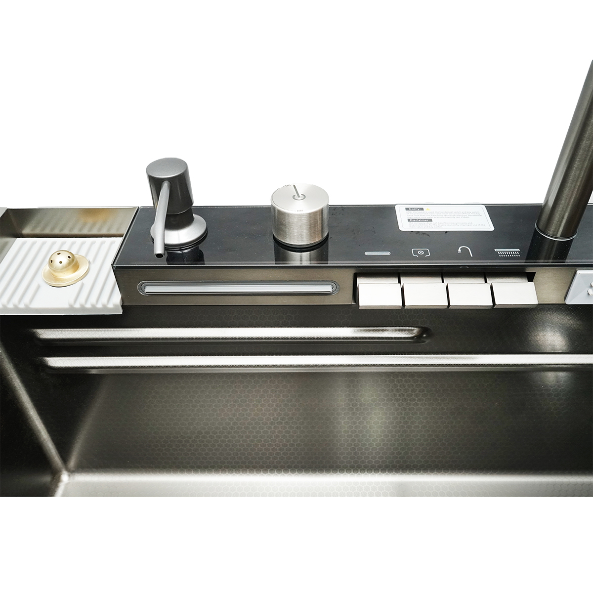 Chiuveta bucatarie multifunctionala otel inoxidabil 75x46x23.5 cm, 2 cascade, afisaj digital temperatura, baterie cu contragreutate, baterie apa potabila, dozator sapun, spalator pahare, scurgatoare vase/legume, sifon, dop scurgere, tocator