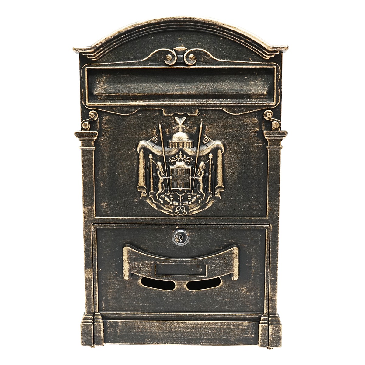 Cutie postala antic auriu 410x260x90 mm cu 2 chei si accesorii de prindere