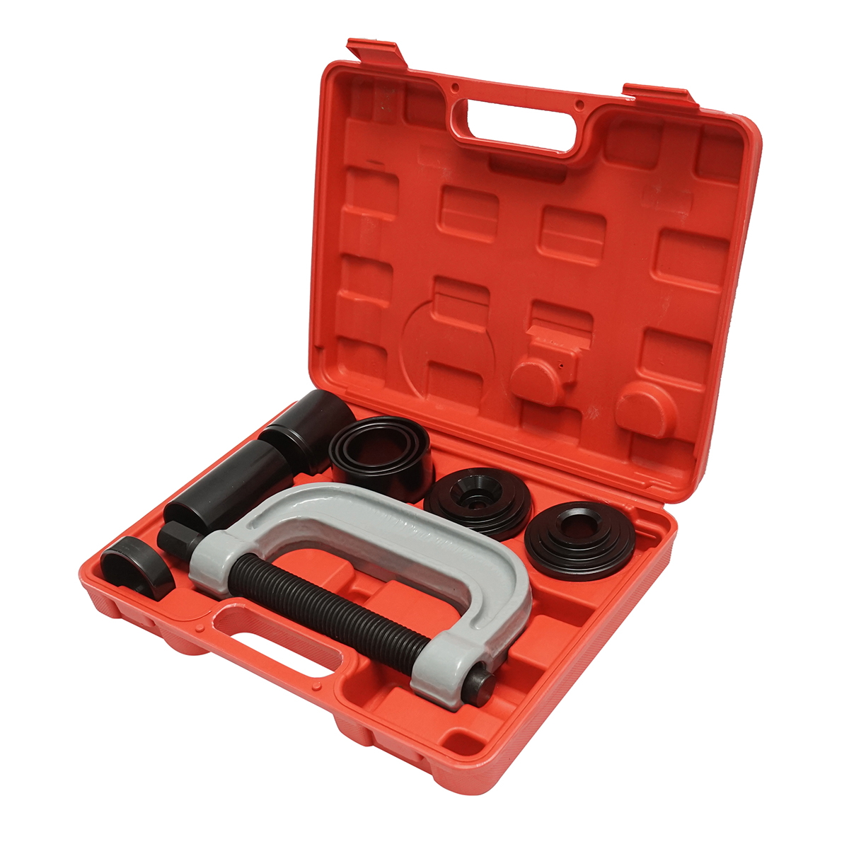 Trusa presa pentru extras rulmenti, bucse si pivoti Breckner Germany, presa universala tip C, piston ax presiune 6,4 si 19 mm, adaptoare cilindrice 44x51-70x76 mm