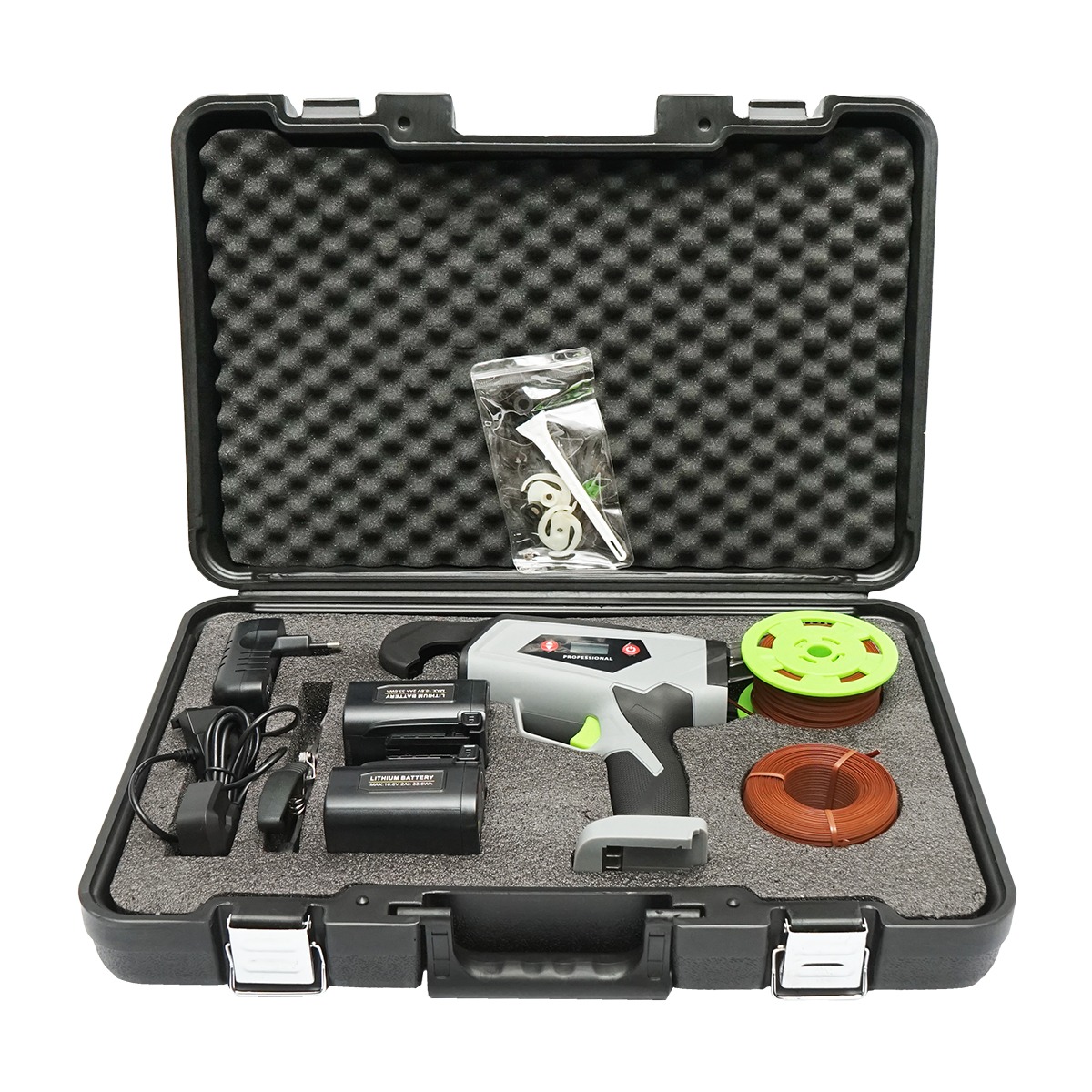 Aparat automat legat vita de vie/legume/pomi 60W, Li-Ion 16.8V 2Ah, diametru legare 25mm, 2 acumulatori, incarcator 220V, valiza plastic